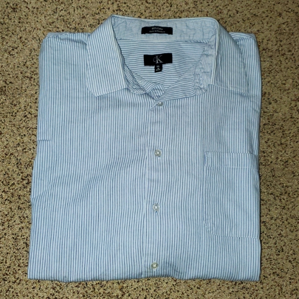 Calvin Klein Men's Blue Striped Button Up  Dress Shirt